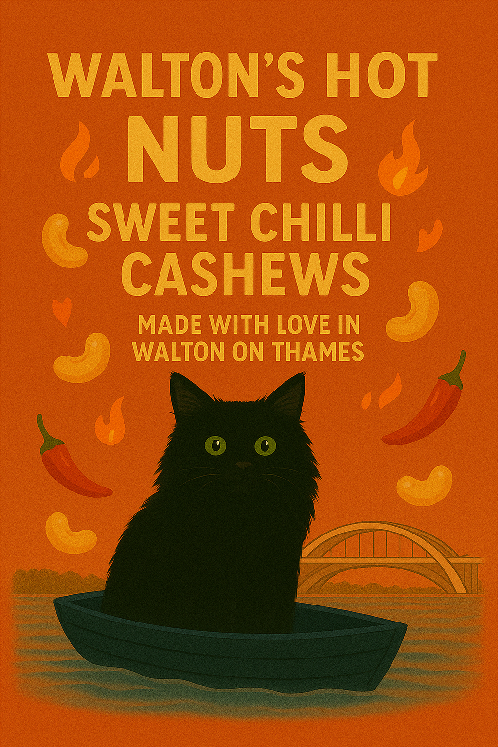 Walton's Hot Nuts packaging artwork — Walton the cat in a blue boat